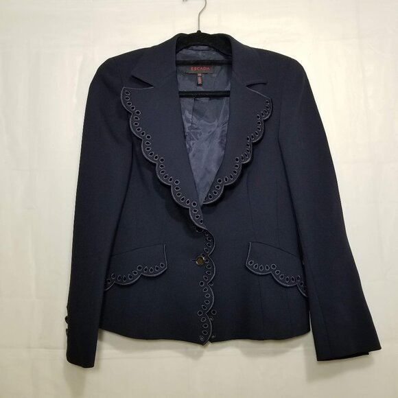 Escada eyelet collar blazer navy size 38 scalloped - Picture 1 of 11